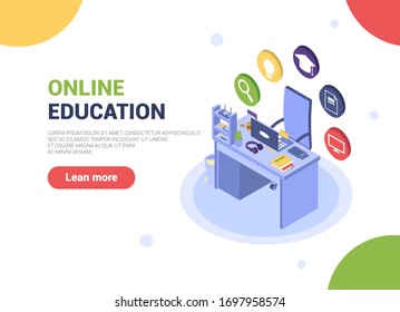 Modern flat design isometric concept of online education for website and mobile site. Landing page template, light theme. Easy to edit and customize. Vector illustration Education. Knowledge.