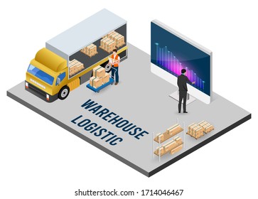 Diseño plano moderno concepto isométrico de Logística de Almacén con Trabajadores cargando productos en 
los palets de carga de coches y carretillas elevadoras con cajas de cartón. Ilustración vectorial.