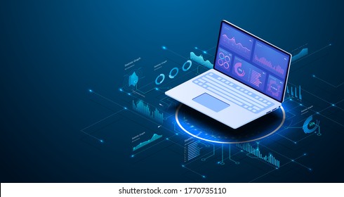 Modernes, flaches, isometrisches Konzept der Datenanalyse für Website und mobile Website. Datenanalyse für Unternehmensmarketing-Lösungen oder Finanzleistung. Haushaltsbuchführung oder Statistikkonzept.