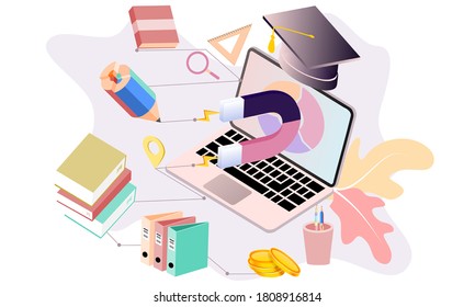 Modern flat design isometric concept of Online Education for banner and website. Isometric landing page template. Online training courses, university studies, e-learning research. Vector illustration.