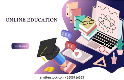 Modern flat design isometric concept of Online Education for banner and website. Isometric landing page template. Online training courses, university studies, e-learning research. Vector illustration.