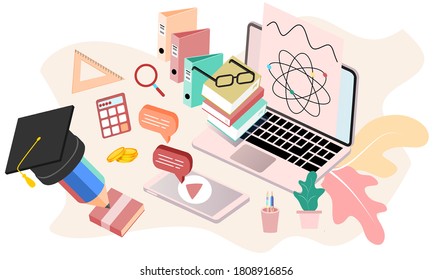 Modern flat design isometric concept of Online Education for banner and website. Isometric landing page template. Online training courses, university studies, e-learning research. Vector illustration.