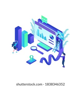 Diseño plano moderno concepto isométrico de análisis de datos para sitio web y sitio web móvil. Página de inicio. Ilustración del vector