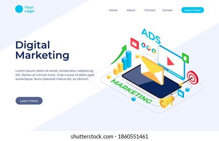 Modern flat design isometric concept of Digital Marketing, e-commerce, data analysis tool isometric web banner illustration. Premium Vector