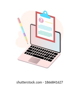 Diseño plano moderno concepto isométrico de la plantilla de banner de prueba de educación en línea para el desarrollo de sitios web y móviles. Formación en línea, examen, ejercicio, prueba, prueba final, ilustración vectorial del informe del documento