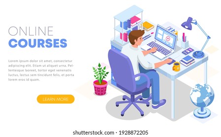 Modern flat design isometric concept of Online Education. Landing page template. Student character sitting at desk and taking online courses. Can use for web banner, infographics, and website. Vector 