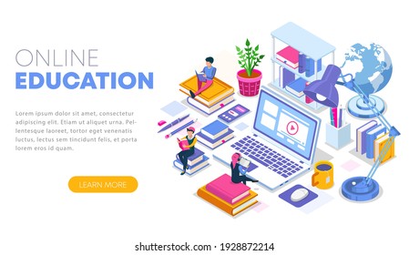 Modern flat design isometric concept of Online Education. Landing page template. Training courses, specialization, tutorials, lectures. Can use for web banner, infographics, and website. Vector 