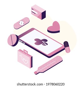 Modern flat design isometric concept of online smart healthcare for website and mobile website.  Online medical consultation and treatment via application of smartphone connected internet clinic.