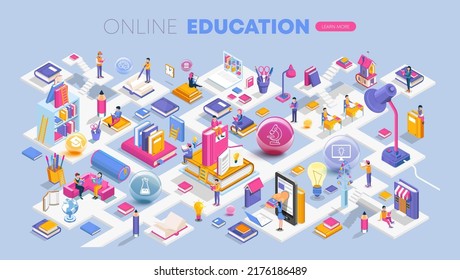 Diseño plano moderno concepto isométrico de la educación en línea. Plantilla de página de inicio. Cursos de formación, especialización, tutoriales, conferencias. Se puede usar para banner web, infografías y sitios web. Ilustración vectorial