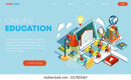 Modern flat design isometric concept of online education for banner and website. Landing page template. Training courses, e-learning, tutorials, lectures. Vector illustration
