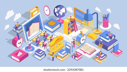 Modern flat design isometric concept of learning and reading books. Online education landing page template. Training courses, tutorials, lectures. Can use for web banner, infographics, and website. Ve