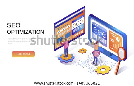 Modern flat design isometric concept of Seo Analysis decorated people character for website and mobile website development. Isometric landing page template. Vector illustration.