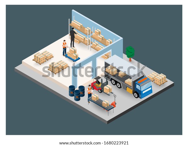 Modern flat\
design isometric concept of Warehouse Logistic with Workers loading\
products on \
the trucks and forklift loading pallets with\
cardboard boxes. Vector\
illustration.\
