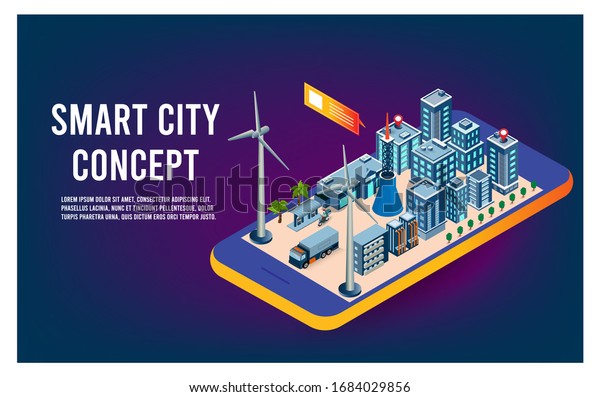 Modern flat design isometric concept of\
Smart City. Intelligent buildings. Streets of the city for website\
and mobile website. Vector\
illustration