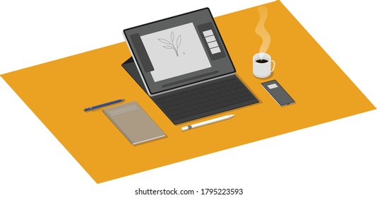 Modern flat design isometric. Graphic designer home office or studio workspace. graphic tablet. sketch book. 