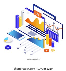 Ilustração isométrica moderna de design plano de análise de dados. Pode ser usado para site e site móvel ou página de destino. Fácil de editar e personalizar. Ilustração vetorial