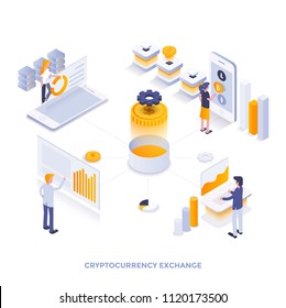 Modern flat design isometric illustration of Cryptocurrency exchange. Can be used for website and mobile website or Landing page. Easy to edit and customize. Vector illustration