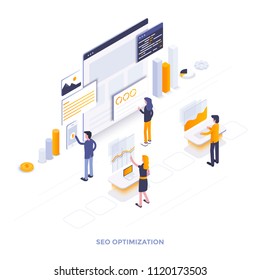 Modern flat design isometric illustration of Seo optimization. Can be used for website and mobile website or Landing page. Easy to edit and customize. Vector illustration