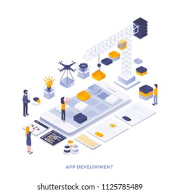 Modern flat design isometric illustration of App development. Can be used for website and mobile website or Landing page. Easy to edit and customize. Vector illustration