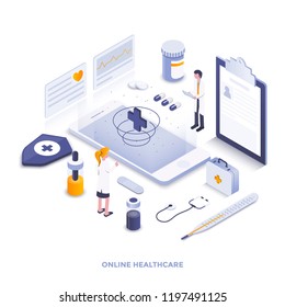 Modernes flaches Design isometrische Illustration von Online-Gesundheitsversorgung. Kann für Website und mobile Website oder Landing-Seite verwendet werden. Einfache Bearbeitung und Anpassung. Vektorgrafik