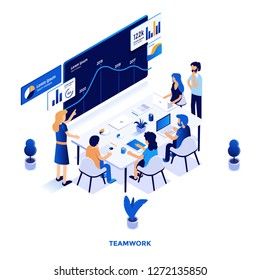 Modern flat design isometric illustration of Teamwork. Can be used for website and mobile website or Landing page. Easy to edit and customize. Vector illustration
