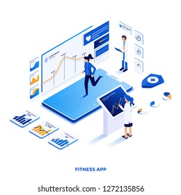 Modern flat design isometric illustration of Fitness app. Can be used for website and mobile website or Landing page. Easy to edit and customize. Vector illustration