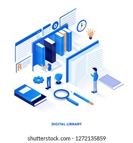 Moderna ilustración isométrica de diseño plano de la Biblioteca Digital. Puede ser usado para sitio web y sitio web móvil o página de aterrizaje. Fácil de editar y personalizar. Ilustración del vector