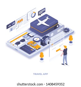 Modern flat design isometric illustration of Travel app. Can be used for website and mobile website or Landing page. Easy to edit and customize. Vector illustration