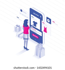 Modern flat design isometric illustration of Online Shopping. E-commerce concept. Can be used for website and mobile website or Landing page. Easy to edit and customize. Vector illustration