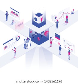 Modern Flat Design Isometric Illustration Of Trading Platform. Technology Teamwork Concept. Can Be Used For Website And Mobile Website Or Landing Page. Easy To Edit And Customize. Vector Illustration