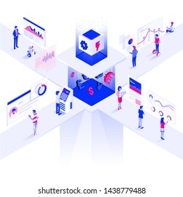 Modern Flat Design Isometric Illustration Of Trading Platform. Technology Teamwork Concept. Can Be Used For Website And Mobile Website Or Landing Page. Easy To Edit And Customize. Vector Illustration