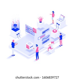 Modern flat design isometric illustration of App Development. Technology teamwork concept. Can be used for website and mobile website or Landing page. Easy to edit and customize. Vector illustration