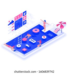 Modern flat design isometric illustration of Social Media industry. Social network concept. Can be used for website and mobile website or Landing page. Easy to edit and customize. Vector illustration