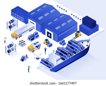 Modern flat design isometric illustration of Warehouse and Logistic. Can be used for website and mobile website or Landing page. Easy to edit and customize. Vector illustration