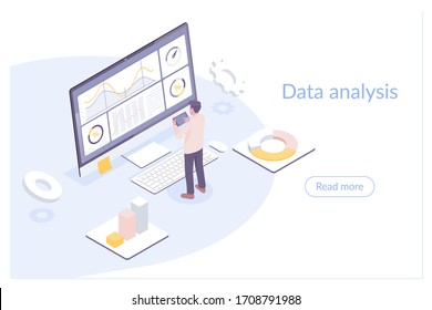 Modern flat design isometric illustration of Data Analysis. Technician in datacenter or data center room background.
