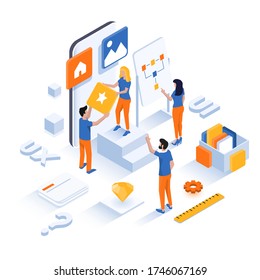 Modern flat design isometric illustration of App development and Ui Design. Can be used for website and mobile website or Landing page. Easy to edit and customize. Vector illustration