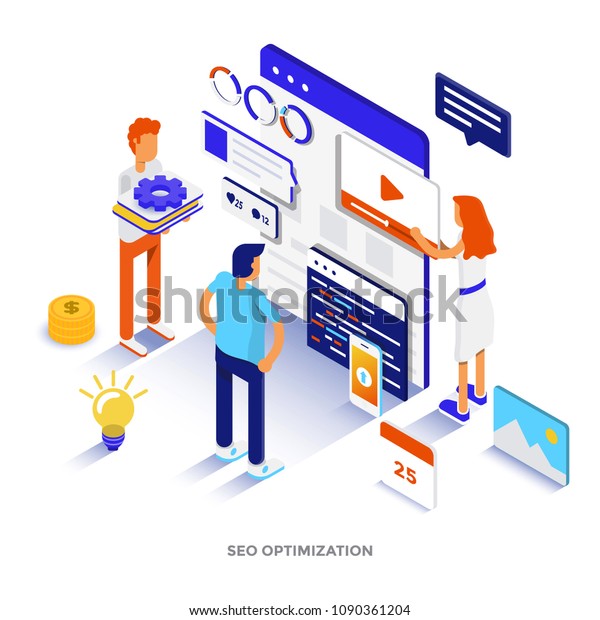 Seo Optimizationの最新のフラットデザインアイソメイラスト ウェブサイト モバイルウェブサイト またはランディングページに使用できます 編集とカスタマイズが簡単 ベクターイラスト のベクター画像素材 ロイヤリティフリー