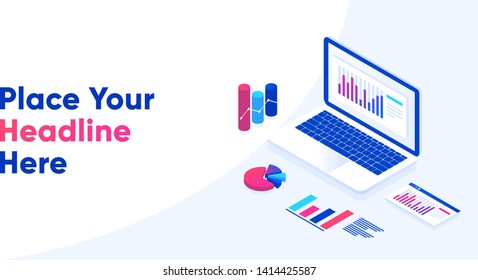Modern flat design isometric template of Data Analysis for website. Landing page. Report on the computer, program of statistics. business strategy. Investment. Business success. Financial review