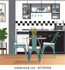 Modern Flat Design Kitchen Bar Interior Vector Illustration