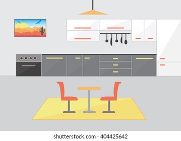 Modern flat design kitchen with table and two chair on carpet