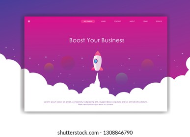 modern flat design of landing page, flat design home page, rocket flat design 