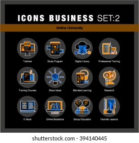 Modern flat design linear pictogram collection, line flat icons set of online university learning, group study, outline vector concept of stroke symbol pack, premium quality web material