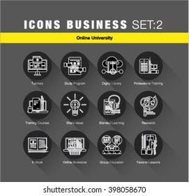 Modern flat design linear pictogram collection, line flat icons set of online university learning, group study, outline vector concept of stroke symbol pack, premium quality web material