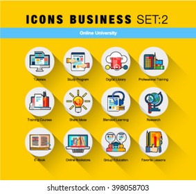Modern flat design linear pictogram collection, line flat icons set of online university learning, group study, outline vector concept of stroke symbol pack, premium quality web material