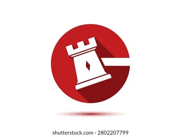 Modern flat design logo featuring a tilted white chess rook inside a red circle with a long shadow. Ideal for gaming, strategy, or corporate security branding.