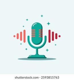 A modern flat design of a microphone with sound waves, symbolizing podcasting, voice recording, and audio production.