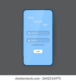 Modern flat design of a mobile login user interface with username and password fields on a blue screen.