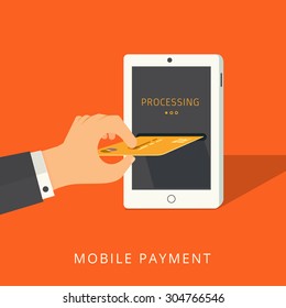 Modern flat design mobile payement. Online payment process concept. Isolated on stylish orange background