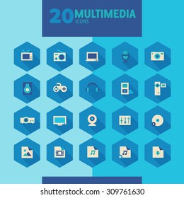 Modern flat design multimedia icons on hexagon buttons in blue gamut, 10 eps