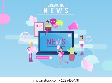 Modern Flat Design of News Breaking  Concept. Young Men and Women near Big Laptop Designs a News Portal or Information Website. Vector Illustration.